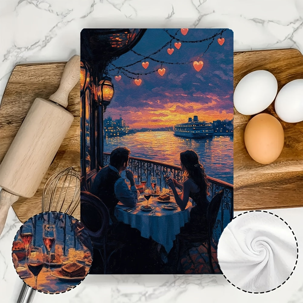 Set of 2 Soft Kitchen Towels with Romantic Dinner Cruise Scene