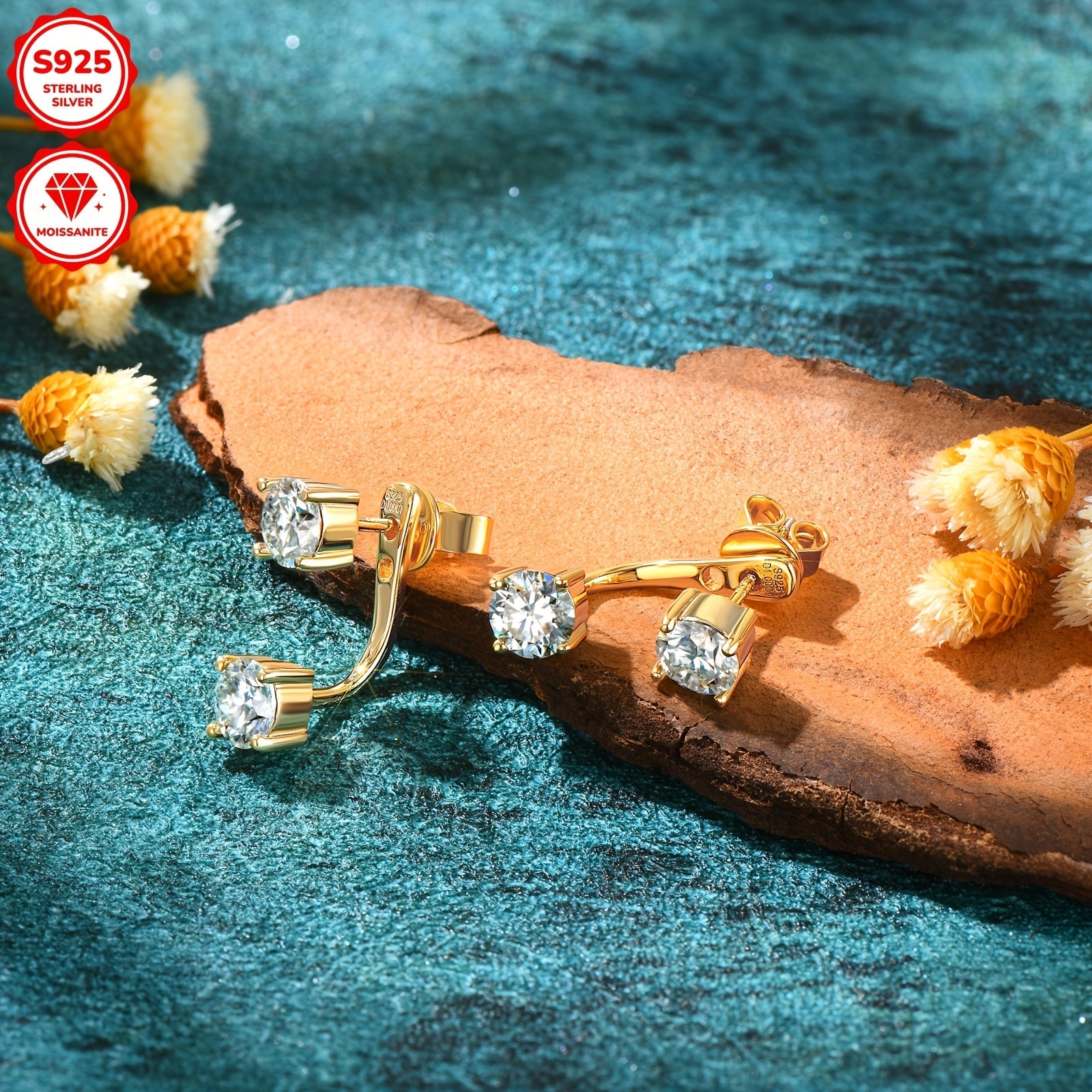 Sterling Silver Moissanite Drop Earrings with Gold Plating 4mm 2.0ct Synthetic Gift