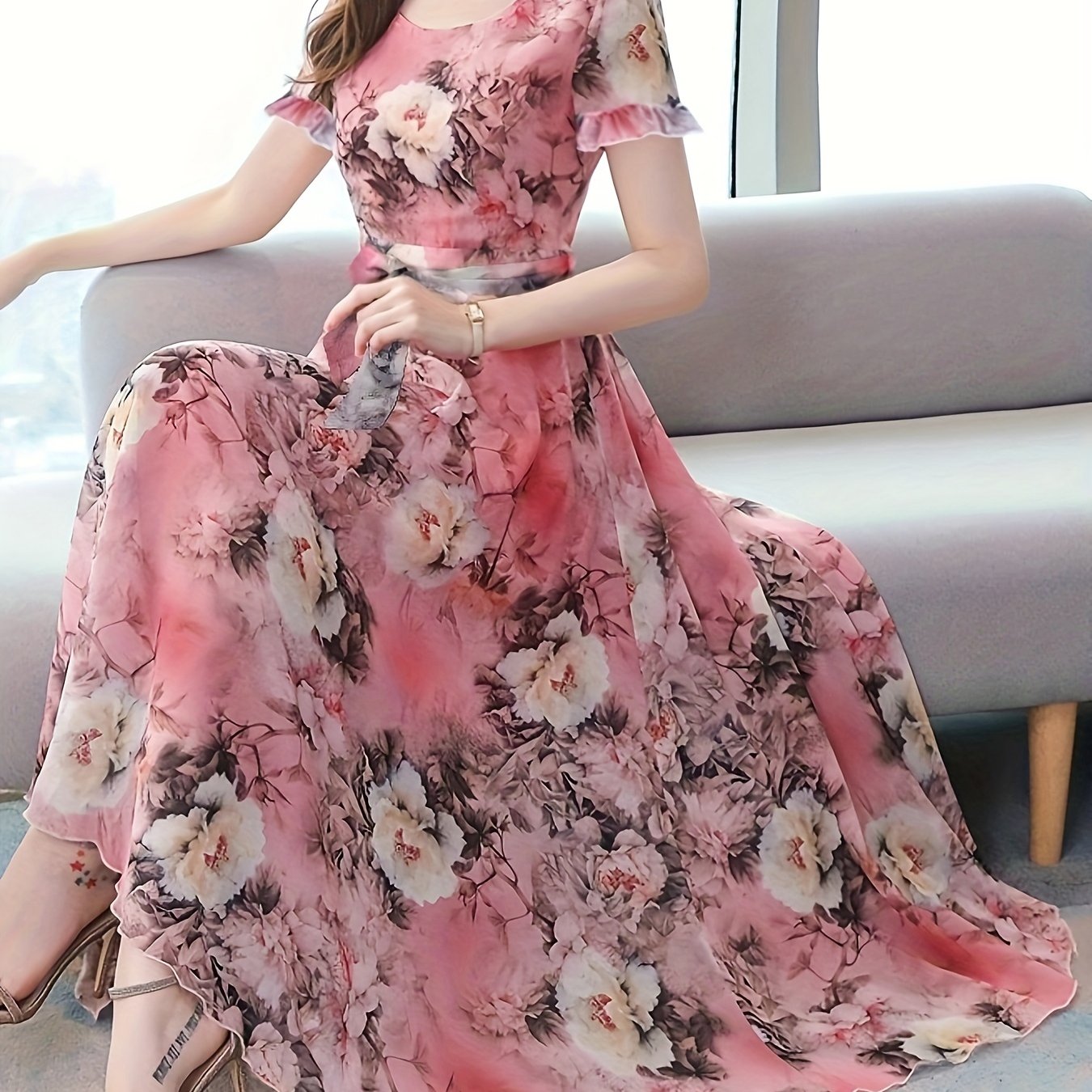 Adult Floral Peony Dress with Semi-Sheer Woven Polyester Fabric and Crew Neck