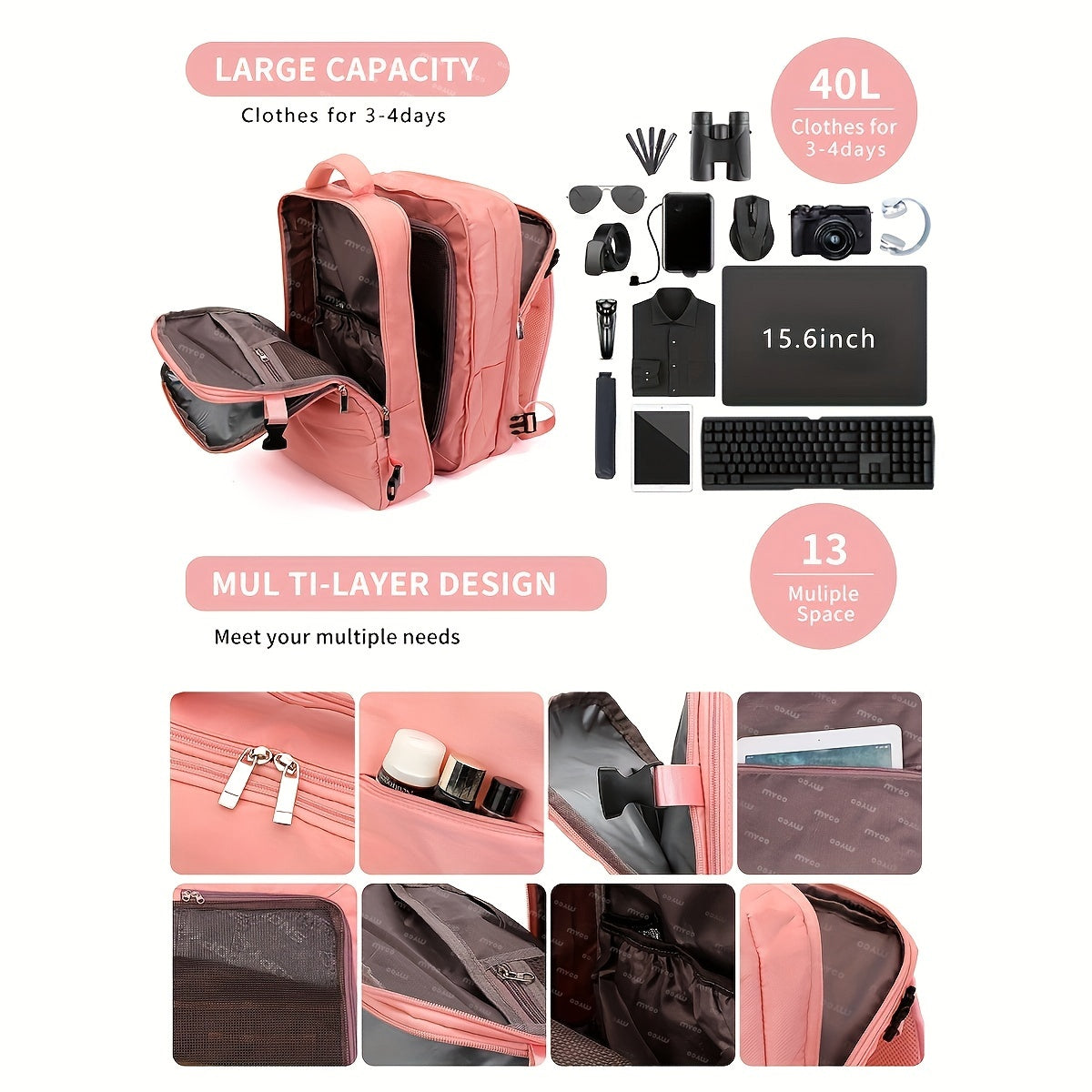 Kengaytiriladigan ryukzak, noutbuk maktab sumkasi va ochiq havoda sayohat qilish uchun ruxsat etilgan.