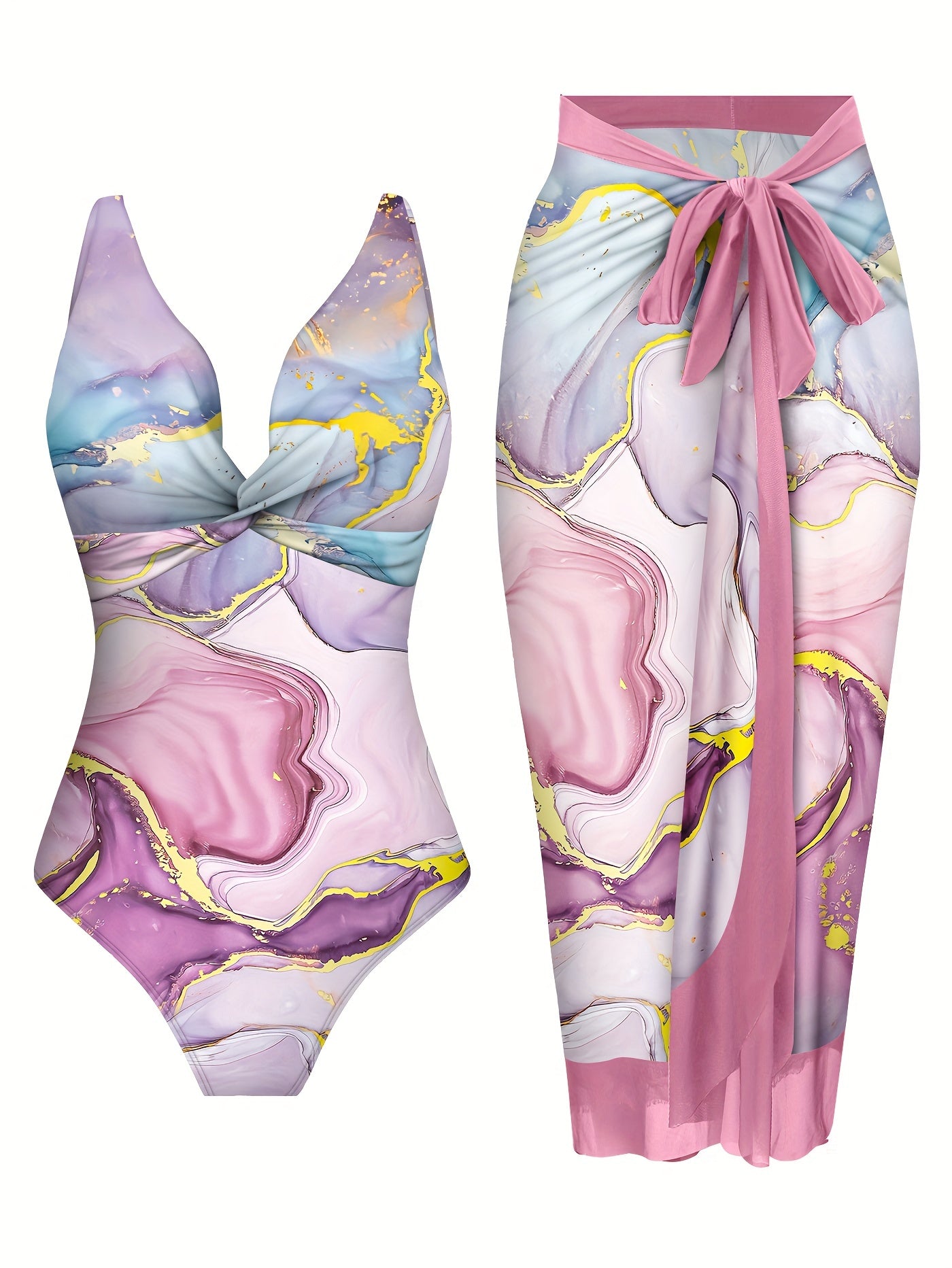 Ocean Marble Gilt Bodysuit and Wrap Skirt Set with Twist Detail