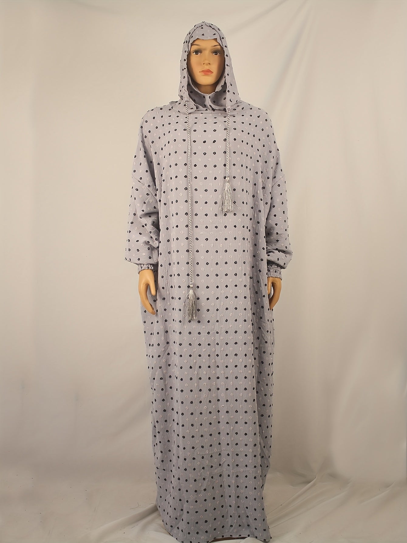 Plus o'lchamli polka nuqta kaftan kiyi bilan tassellar, uzun qo'l, kundalik, barcha mavsum uchun