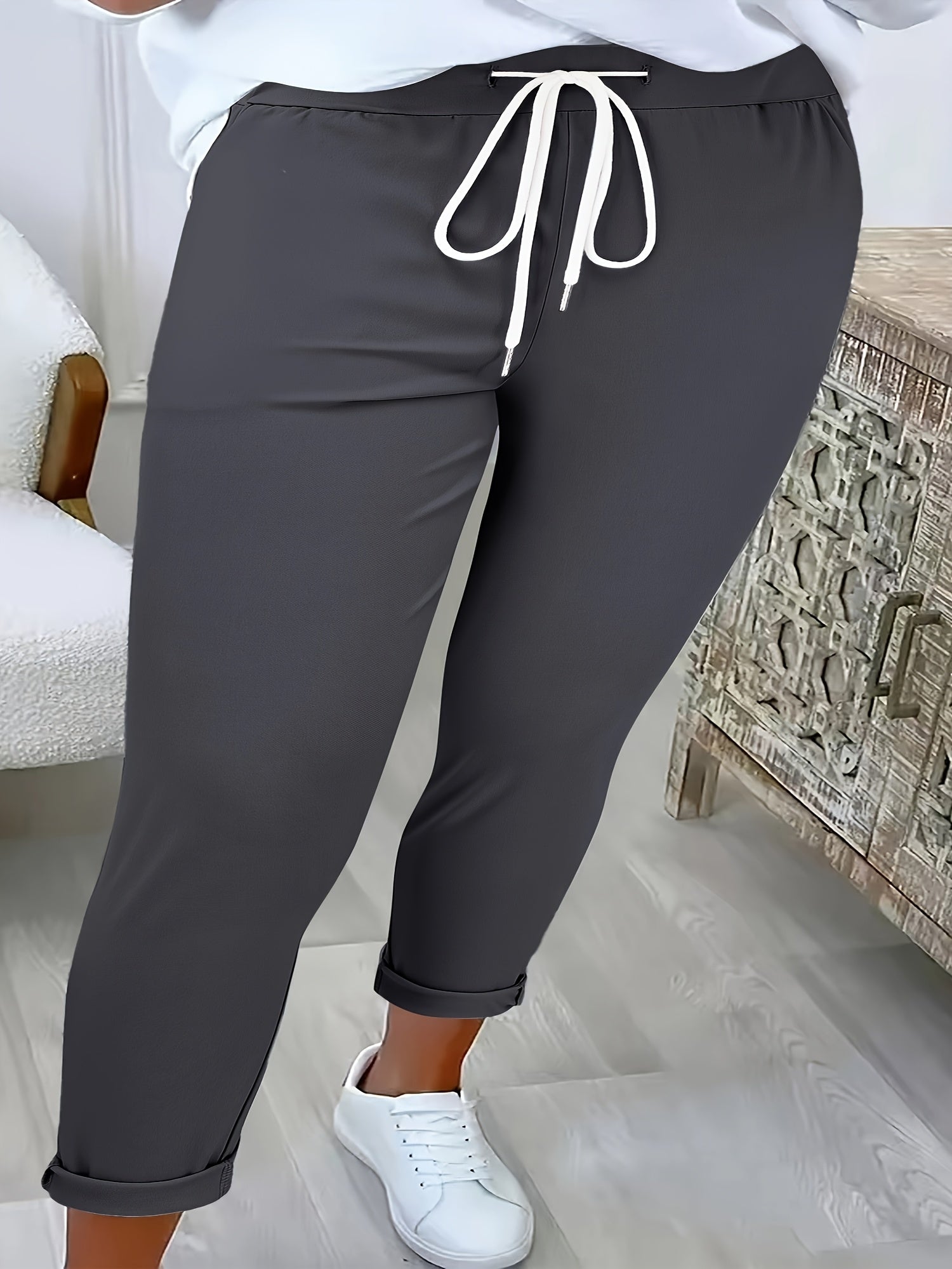 Pantalones largos ajustados para mujeres talla plus, casual, negros