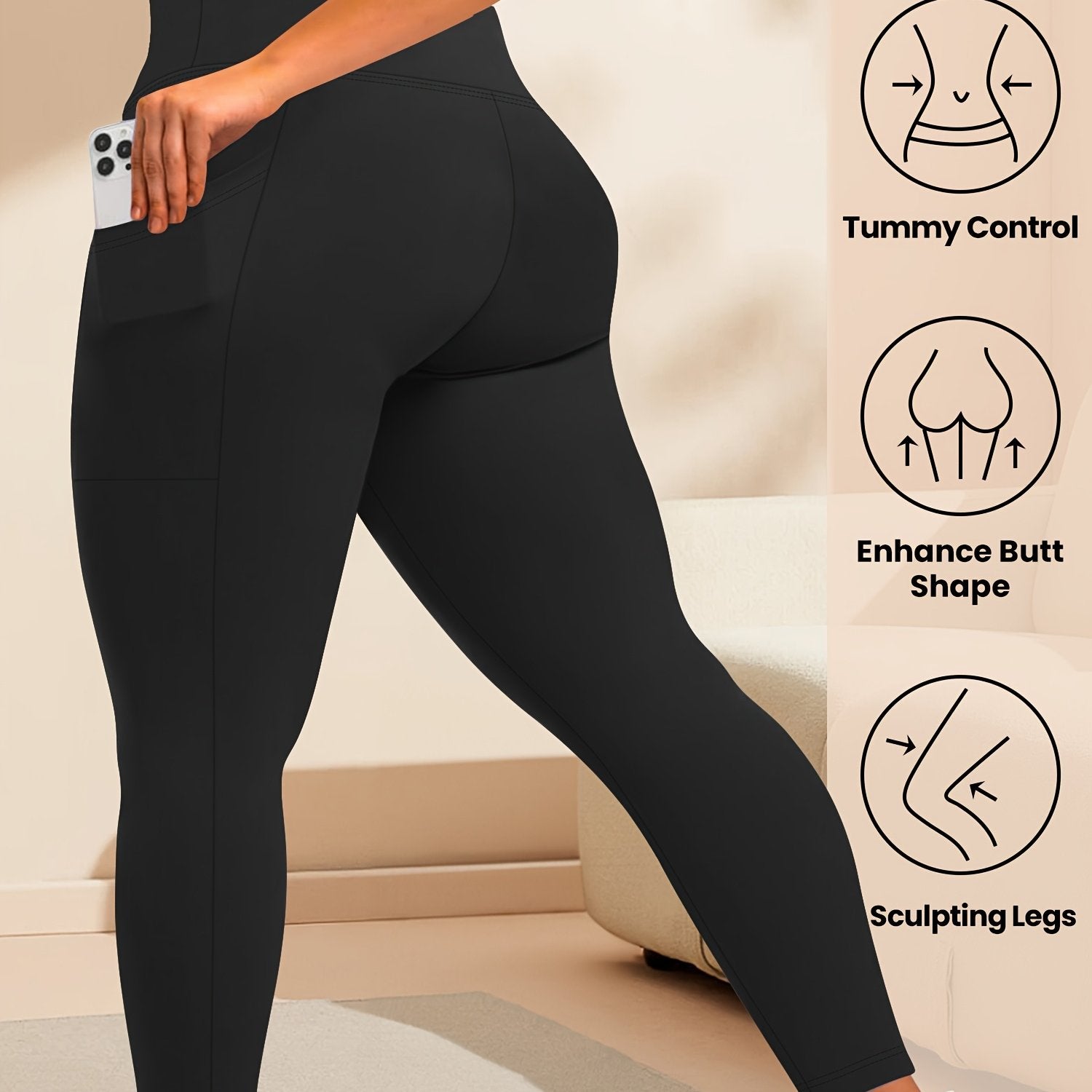 Plus Size High Waist Leggings with Pockets Solid Color Knit Fabric