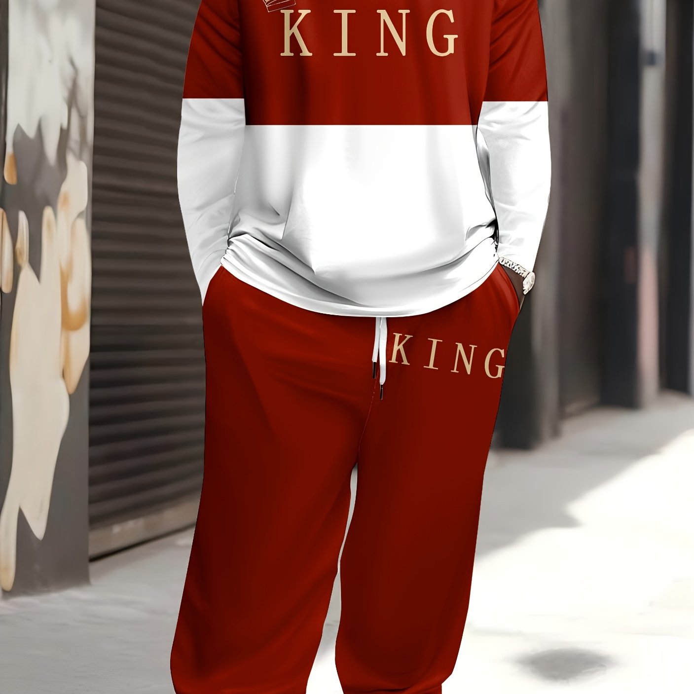 Men's Plus Size Cartoon King Print Sports Casual Sweatsuit Set Polyester Knit with Pockets