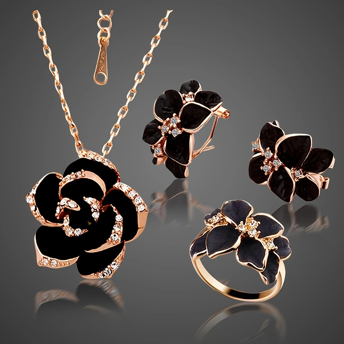 Gold Plated Jewelry Set with Earrings Necklace and Ring Flower Design for Women