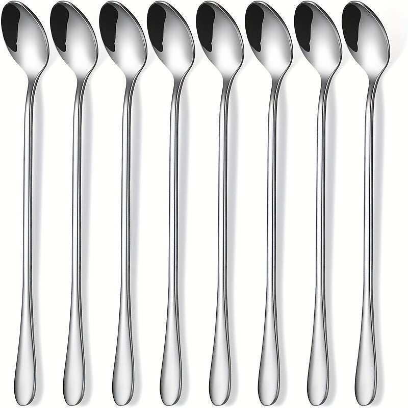 Set of 8 Stainless Steel Long-Handle Spoons for Stirring and Mixing Beverages