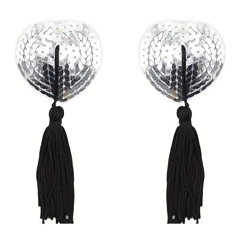 1 juft yurak shaklidagi silikon ko'krak yopishtirgichlari va tassel payetli nipel yopishtirgichlari.