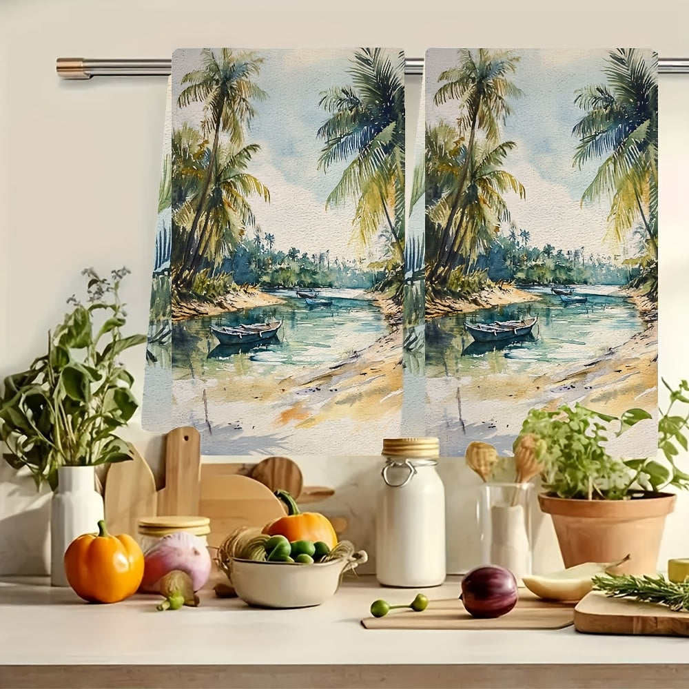 Ikkita tropik lagunali oshxona sochiqlari super singdiruvchi polyester to'qima matodan tayyorlangan. Zamonaviy qirg'oq uslubida mashinada yuvilishi mumkin. Har bir sochiqning o'lchami 40.64x60.96 sm. Mahsulot raqami: 2KYSYS1218413.