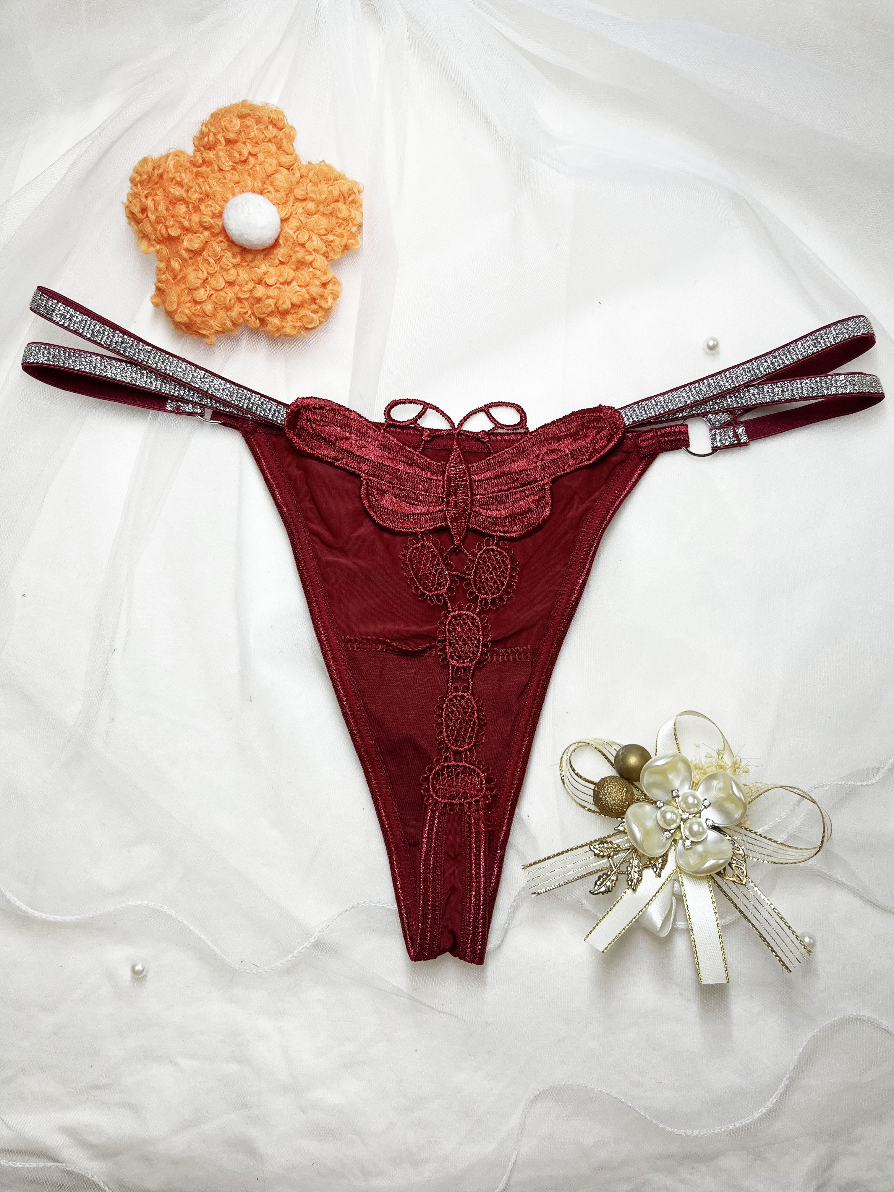 Women's Glittery Butterfly Embroidered Thong Pants with Thin Belt in Two Colors