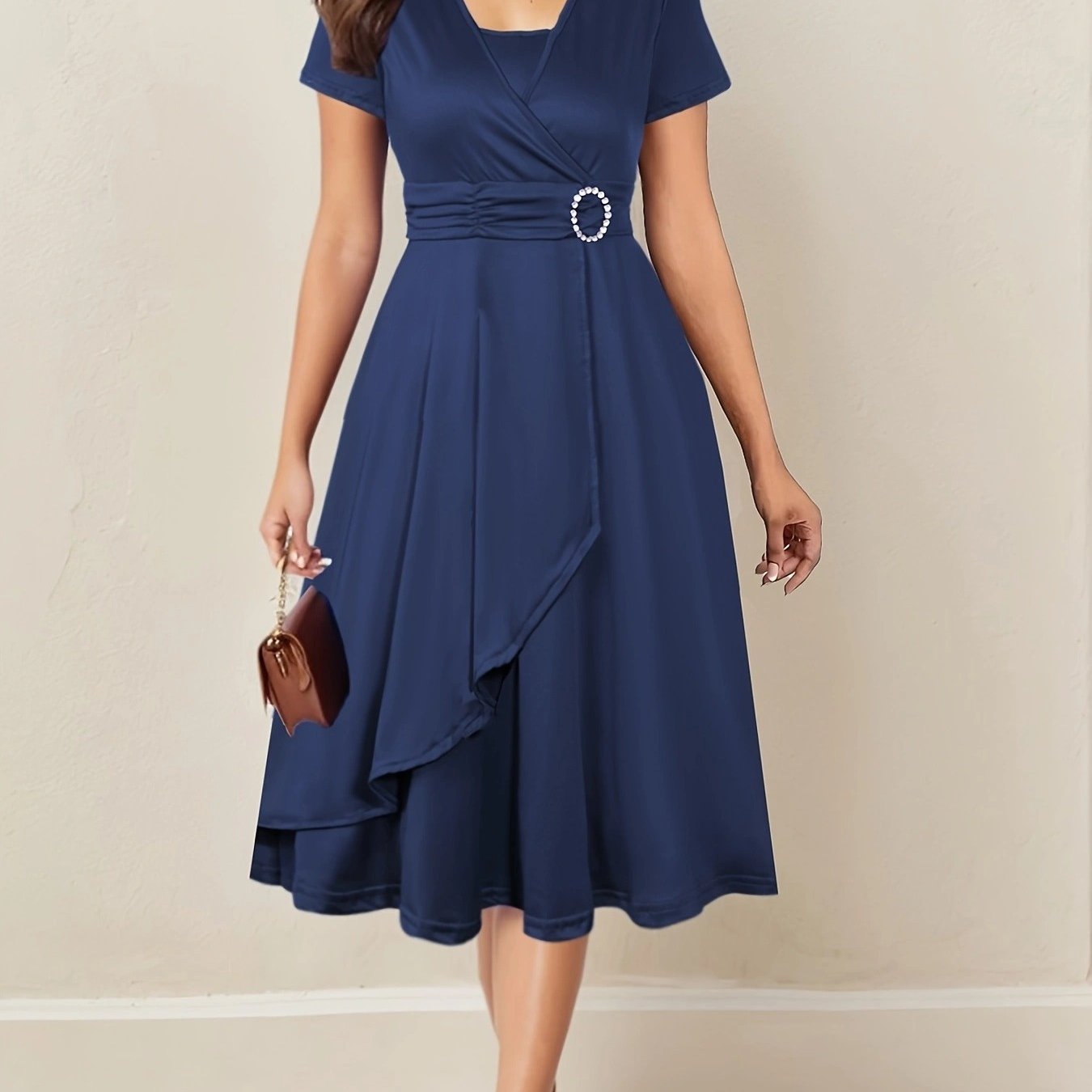 Women's Rhinestone V-Neck Dress with Asymmetrical Hem and Tie Waist