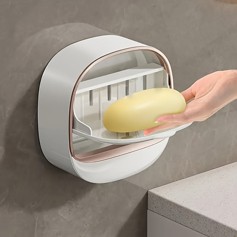 Soporte de jabón de plástico blanco de doble capa para pared con tapa para baño y cocina