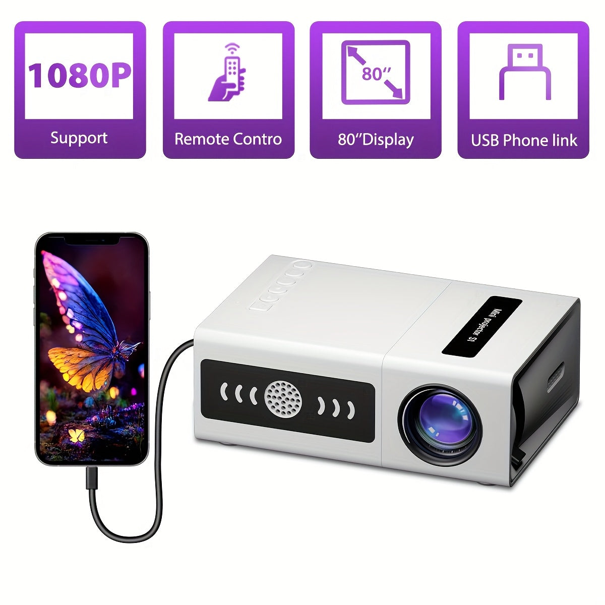 Домашний кинотеатр Проектор Поддержка 1080P Компактный Портативный Смартфон USB AV SD