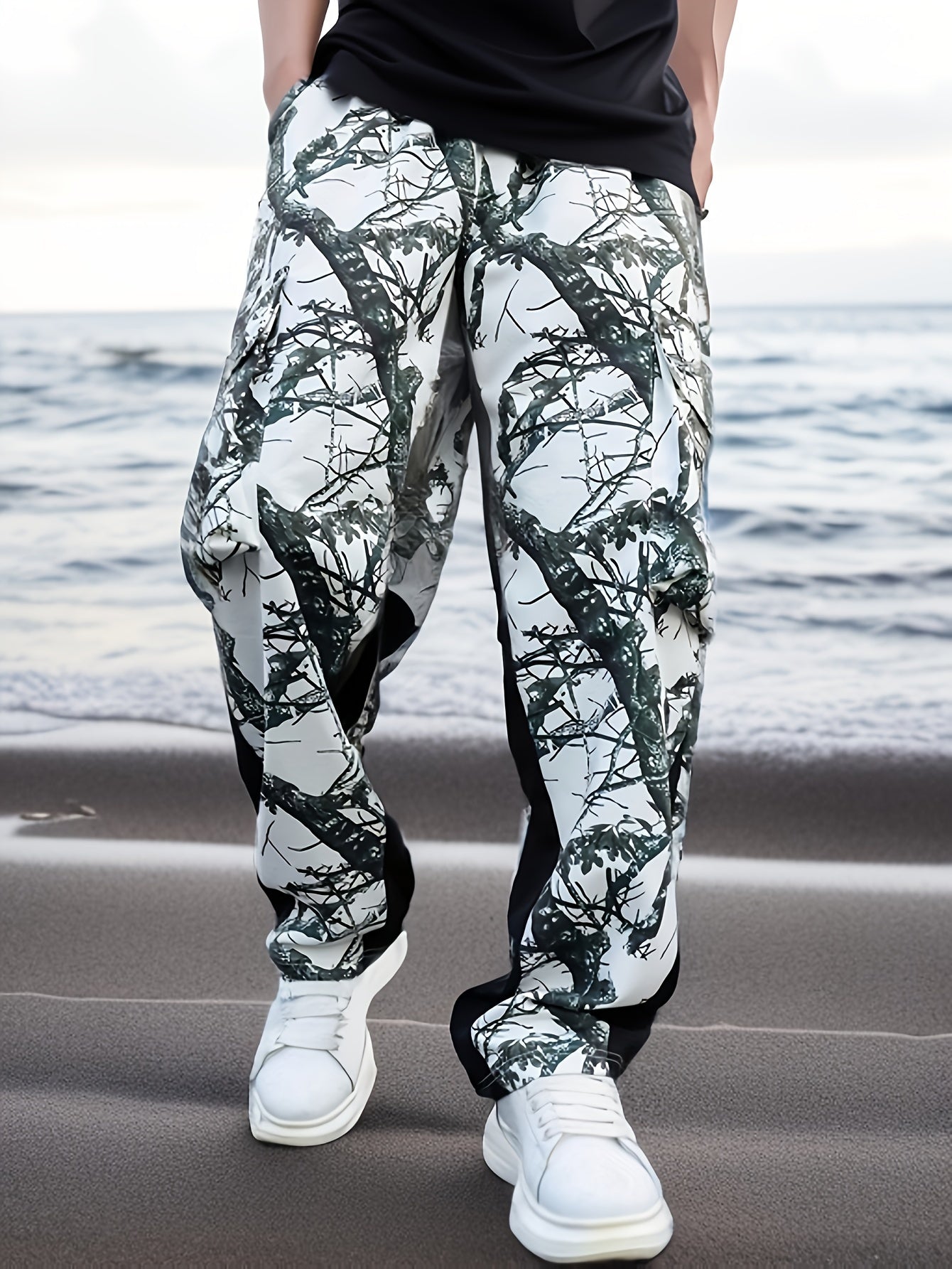 Plus Size Men's Camo Cargo Pants All Over Print Non-Stretch Polyester Casual Workwear Leisure