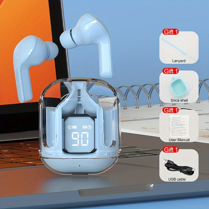 2024 Transparent Wireless Earbuds Long Battery Life Touch Controls Silicone Case Gaming Calls Music