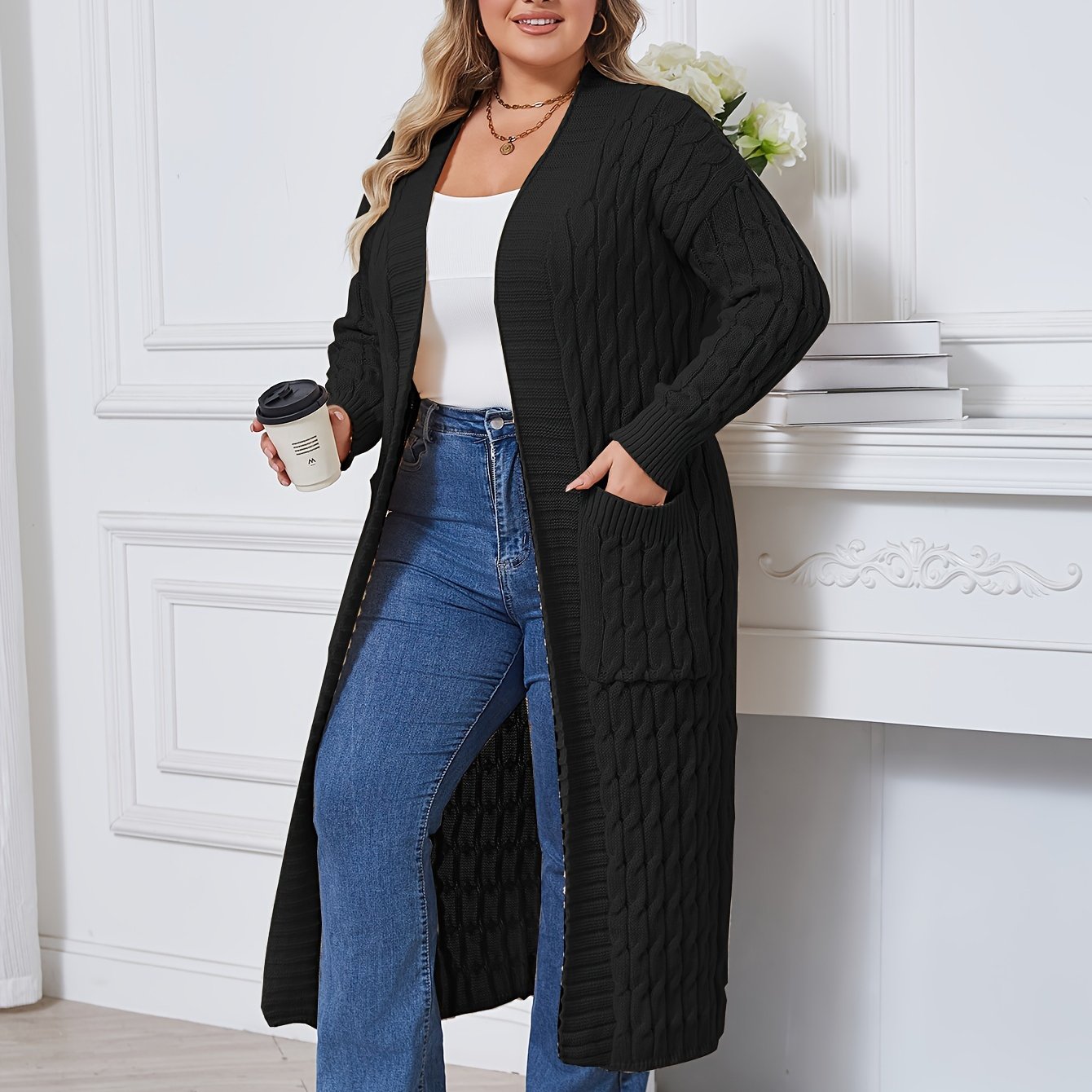 Plus Size Open Front Cardigan with Pockets Long Sleeves Women's Casual Winter Knit Polyester