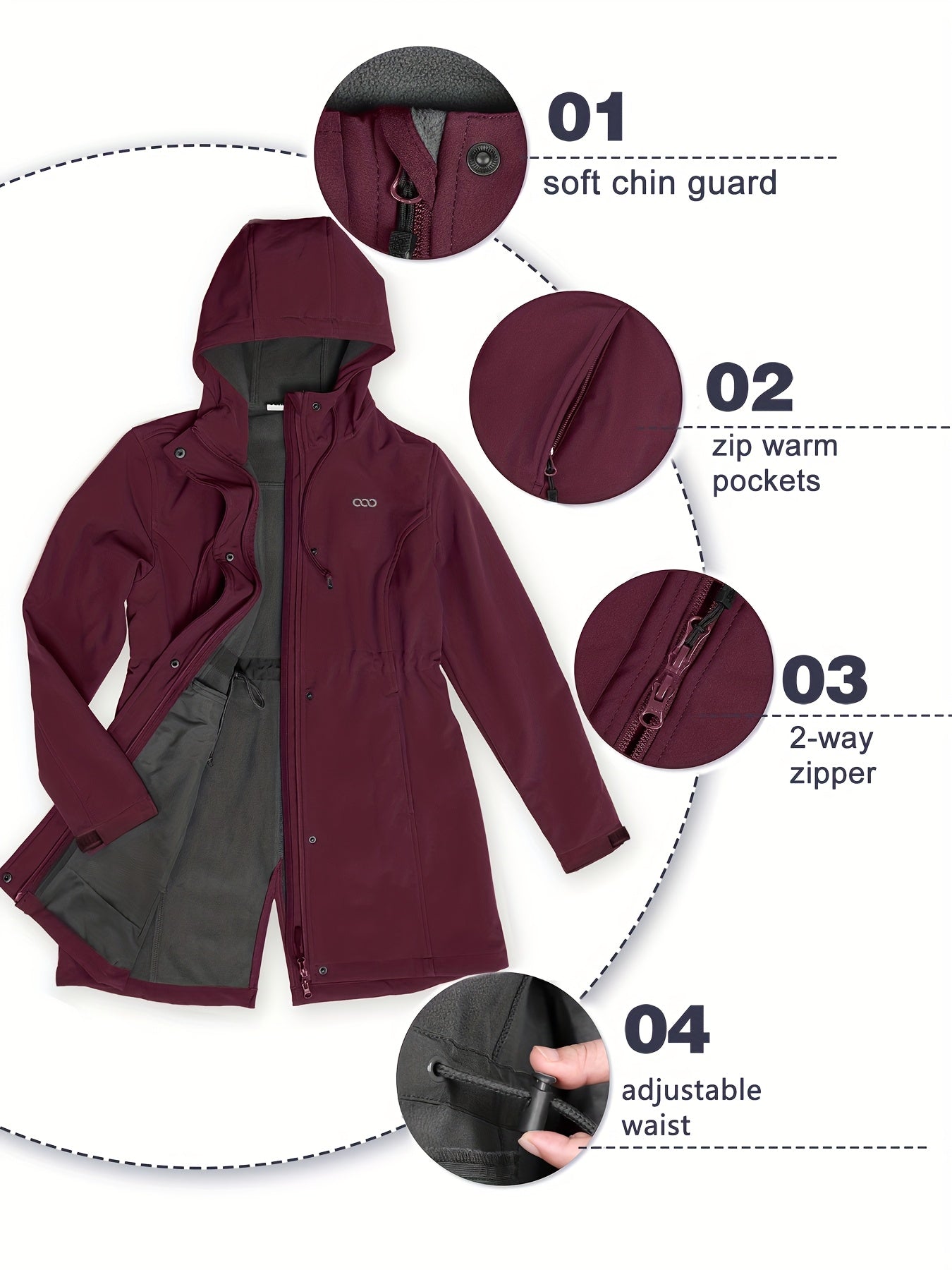 Women's Softshell Long Jacket with Hood Fleece Lined Windproof Warm Outdoor Windbreaker 33cm
