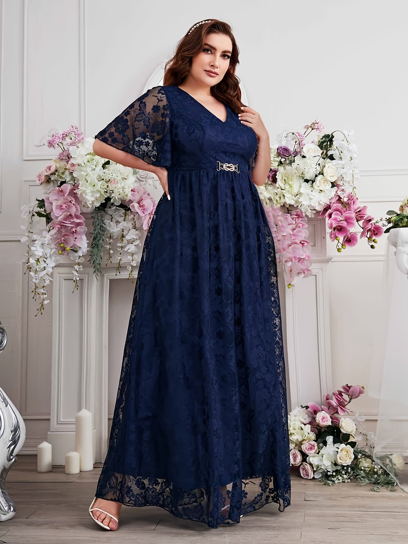 Plus Size Women's V-Neck Lace Dress with Waist Belt for Formal Weddings Black