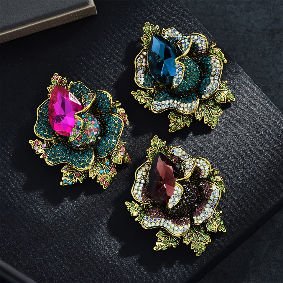 Vintage-Inspired Rhinestone Floral Brooch Pin for Suits and Coats