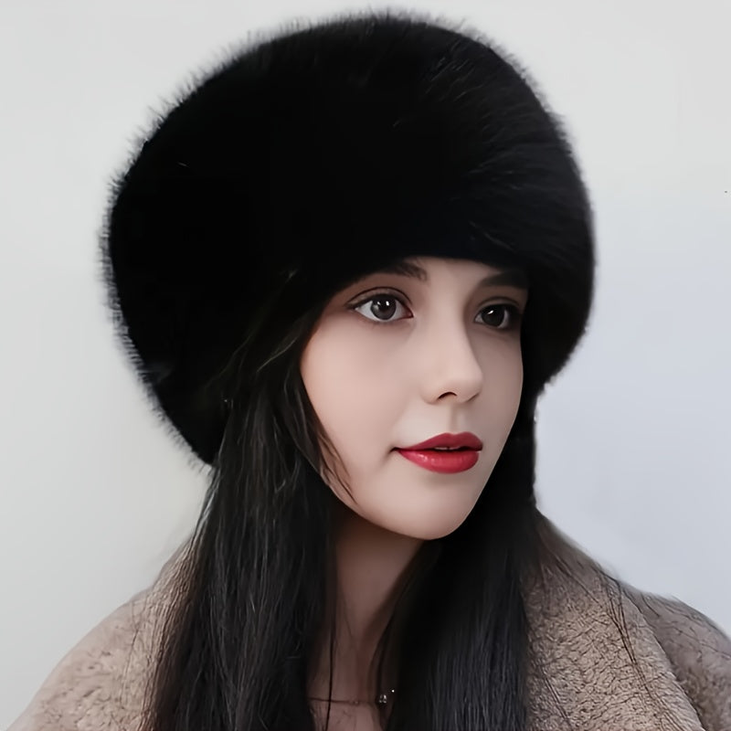 Women's Faux Fur Bucket Hat with Flat Top Dome Style and Ear Protection