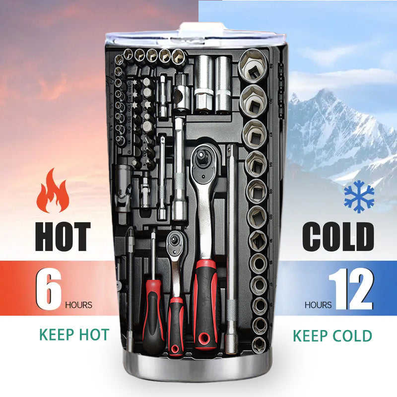 20oz zanglamaydigan po'latdan tayyorlangan sayohat mug'i, Toolbox bosimi bilan, ikki qavatli vakuum izolyatsiya