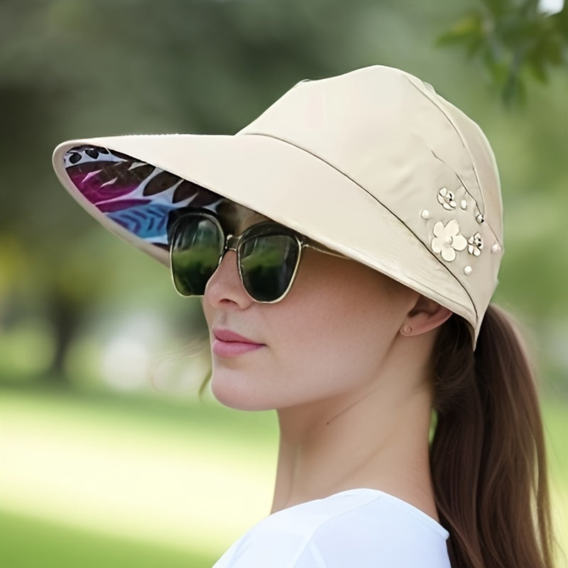 Women’s Beaded Sun Visor with UV Protection Foldable Polyester Outdoor Hat