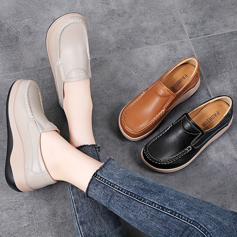 Women's Faux Leather Platform Loafers Slip-On Casual Shoes All-Season Round Toe