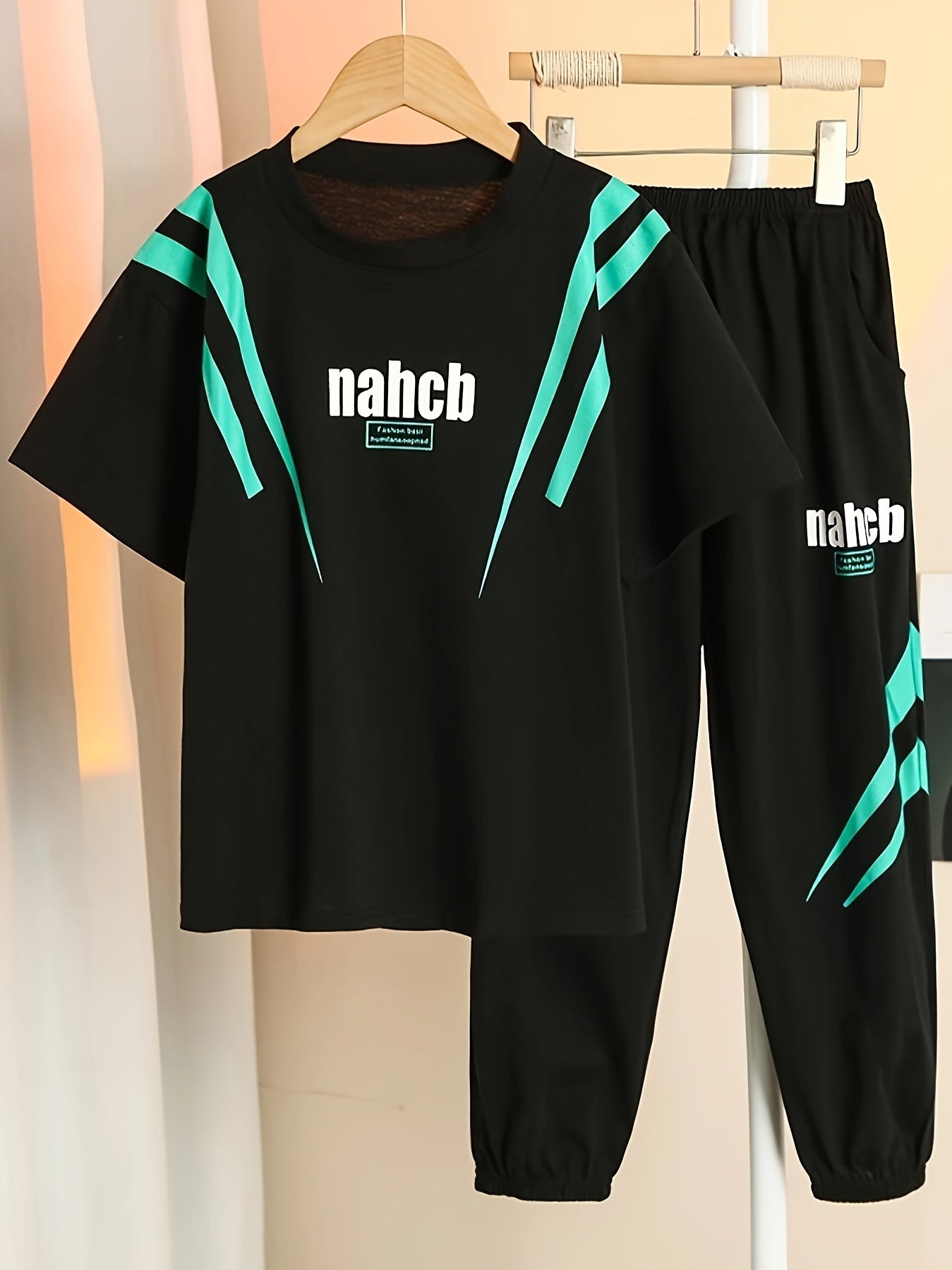 Boys' Medium-Large Sports Suit with Lightning Print Short Sleeve Long Pants Spring Summer Casual