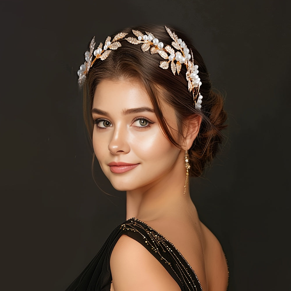 Bridal Headband Gold Leaves Imitation Pearls Wedding Hair Accessory