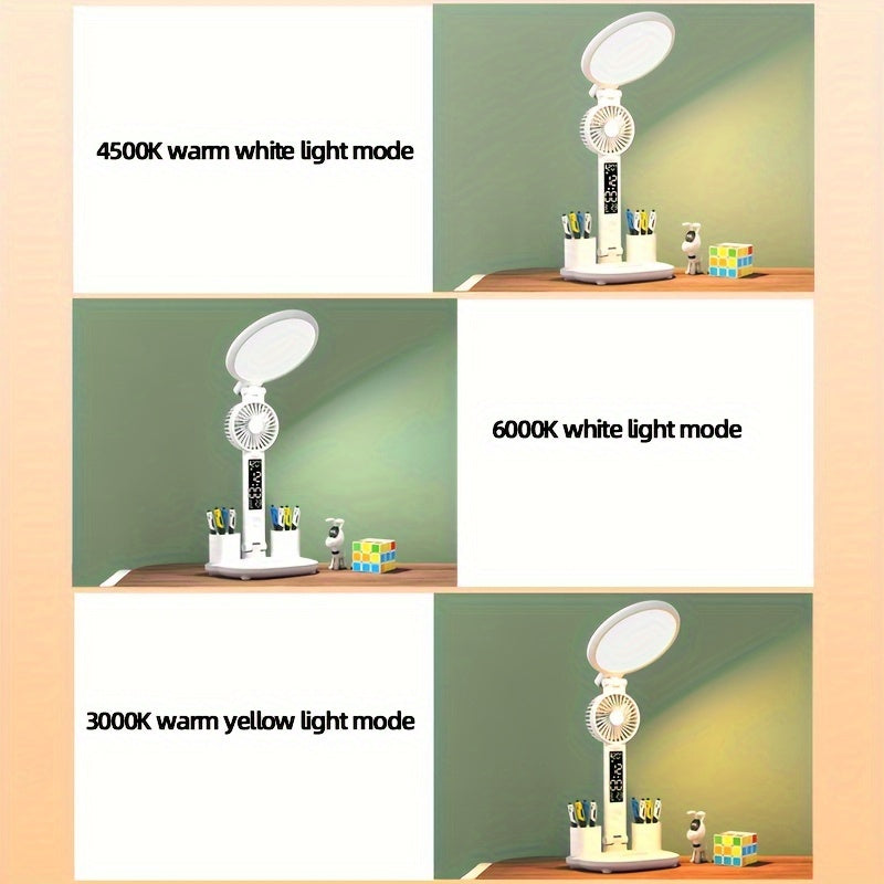LED Desk Lamp with Eye Protection, Touch Control, Foldable Design, Built-in Fan for Reading in Bed