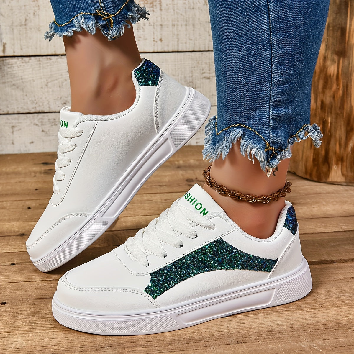 Women's Glitter Lace-Up Sneakers, Lightweight Soft Sole Skate Shoes