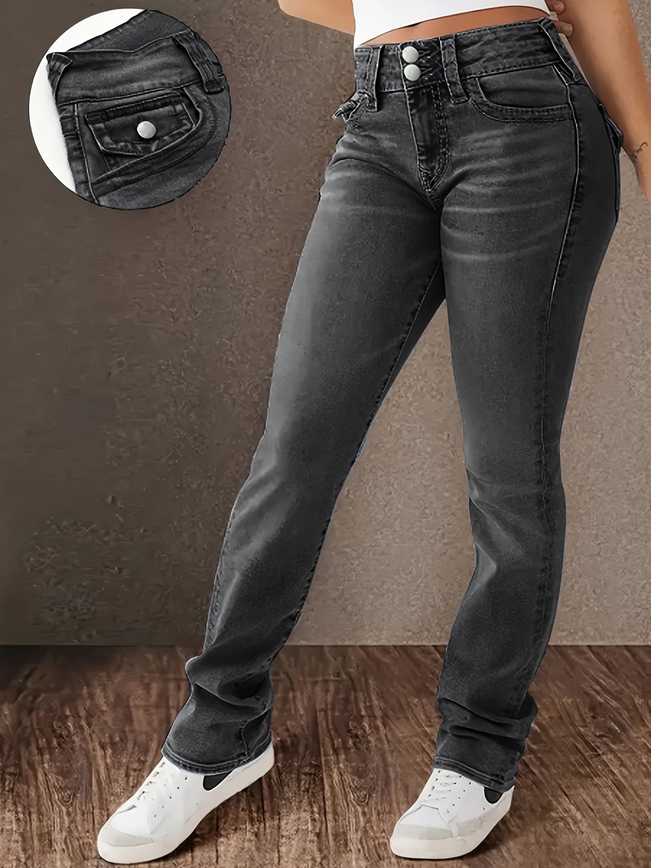 Plus Size Women's High-Waisted Stretch Straight Leg Jeans Denim Pants Pockets Durable Fabric