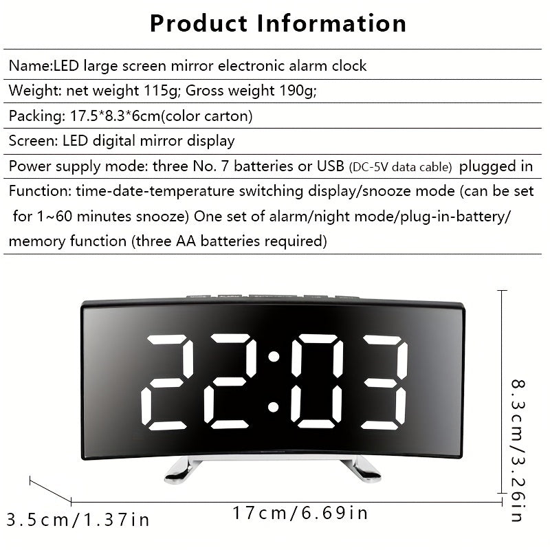 LED Alarm Clock with Curved Mirror Screen and Sleep Temperature for Bedroom Office and School