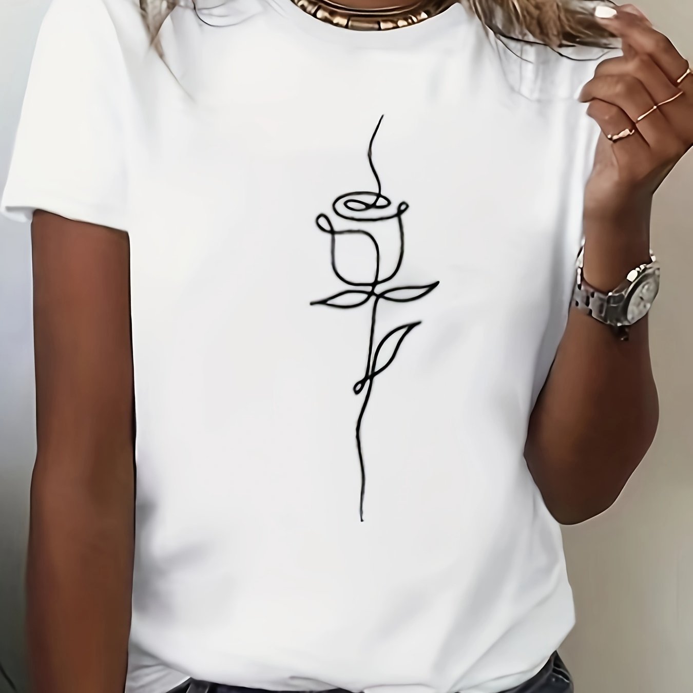 Women's Plus Size Rose Print Short Sleeve T-Shirt Breathable Summer Top