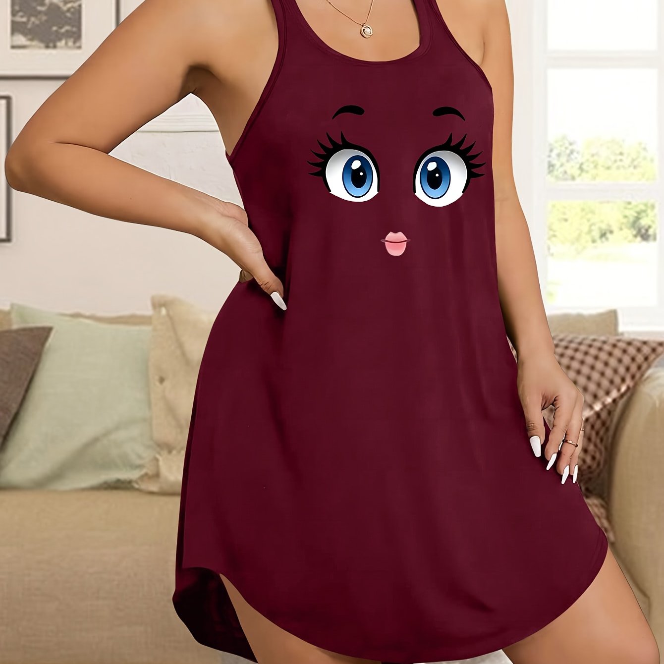 Plus Size Women's Sleepwear Nightgown Blue Face Print Casual Stretchy Sleep Dress