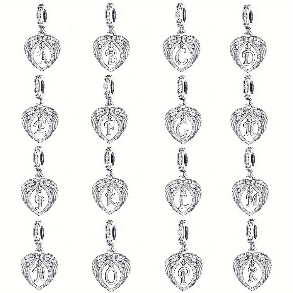 Sterling Silver Heart-Shaped Wing Pendant with Zircon Letter for DIY Jewelry