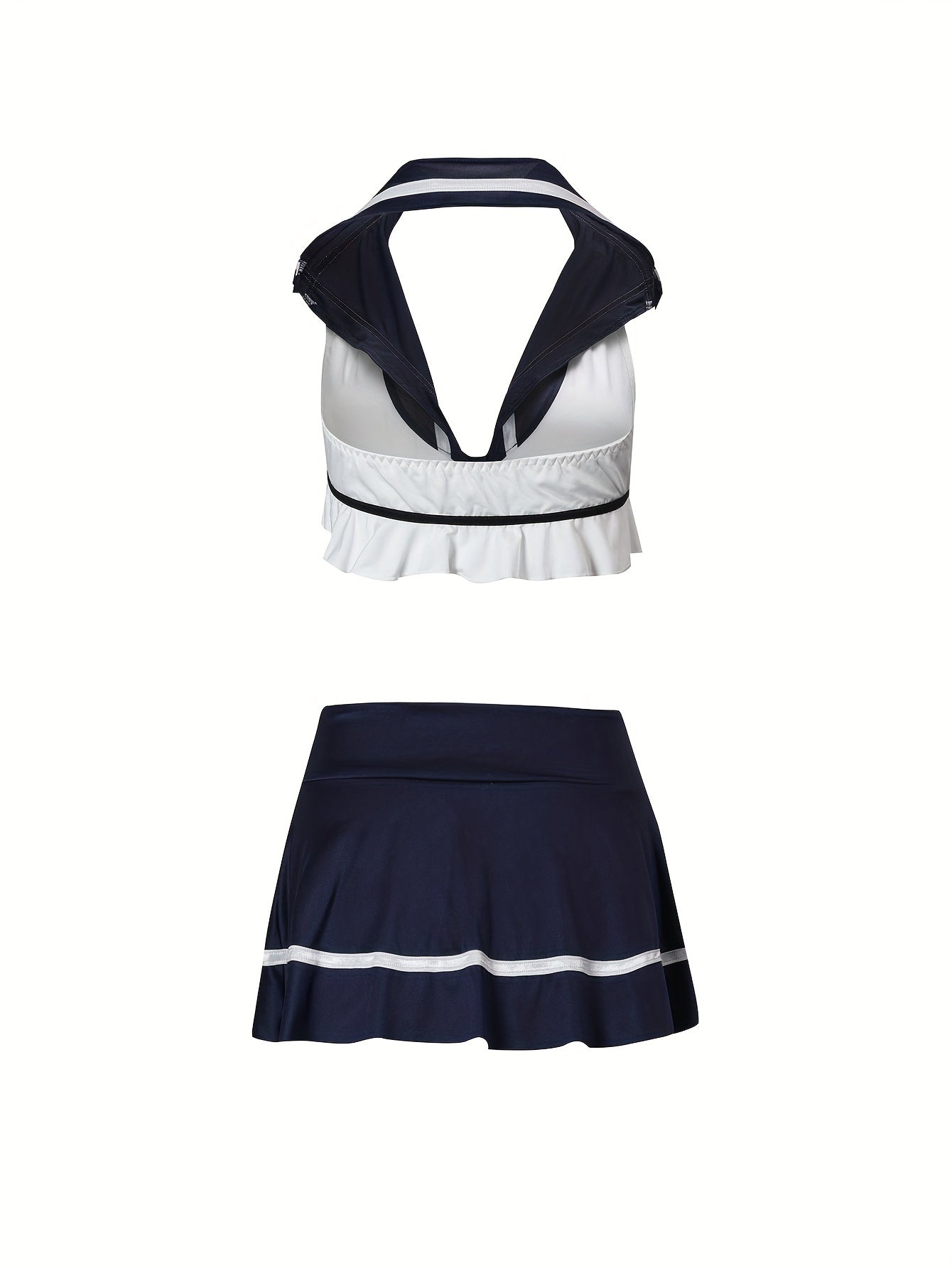 Jozibali ichki kiyim to'plami, yovvoyi rol o'ynash kostyumi, bo'yinbog'li ipli brassier va mini yubka.