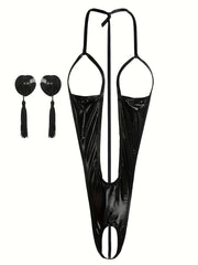 Sexy Glitter PU Leather Teddy with Halter Open Cup and Crotch Lingerie Set