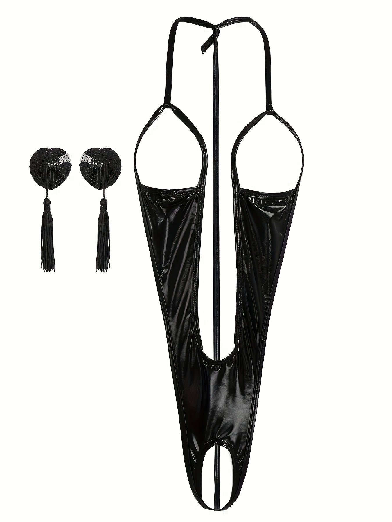 Sexy Glitter PU Leather Teddy with Halter Open Cup and Crotch Lingerie Set