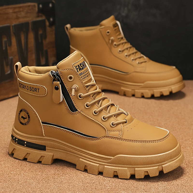 Men's High Top Casual Hiking Shoes Solid Color All-Season PU Fabric Toe Zipper