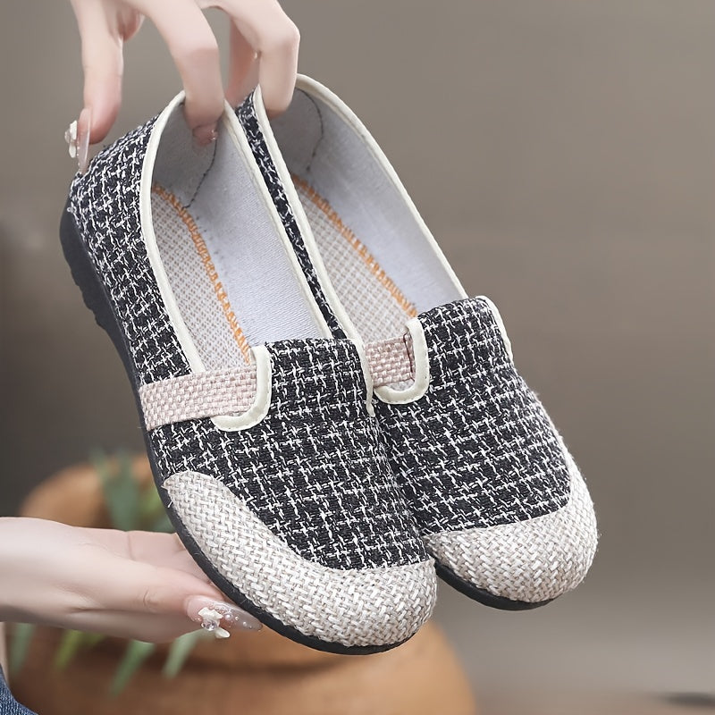 Women's Canvas Slip-On Sneakers with Geometric Pattern and Rubber Sole