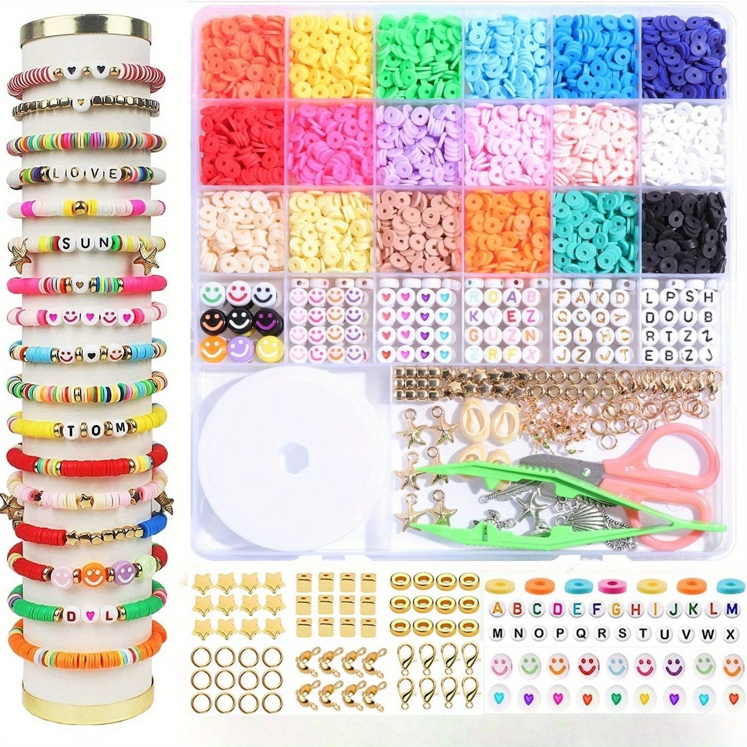 Girls Clay Bead Bracelet Kit with Spacer Flat Beads Black Stone Charms and Bungee Cord