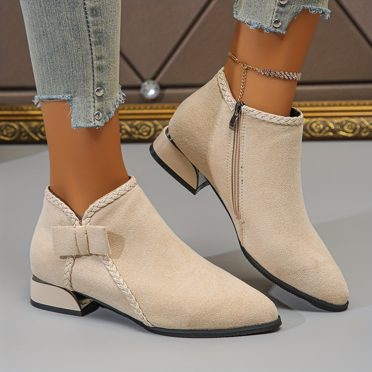 Women's Corduroy PU Ankle Boots with Bowknot and Chunky Heel