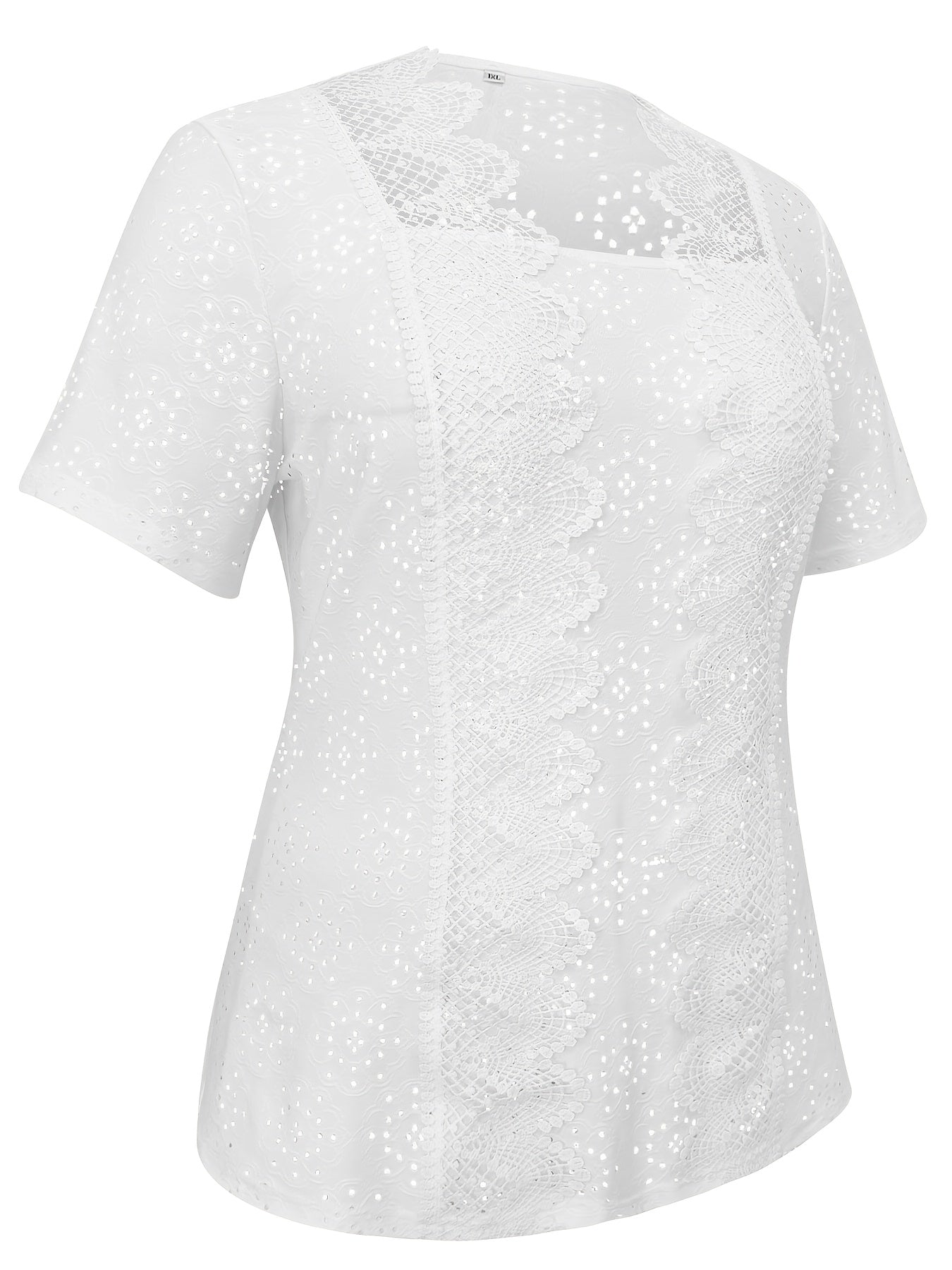 Blusa de manga corta de encaje blanco para mujer talla grande, casual, verano, transpirable, poliéster