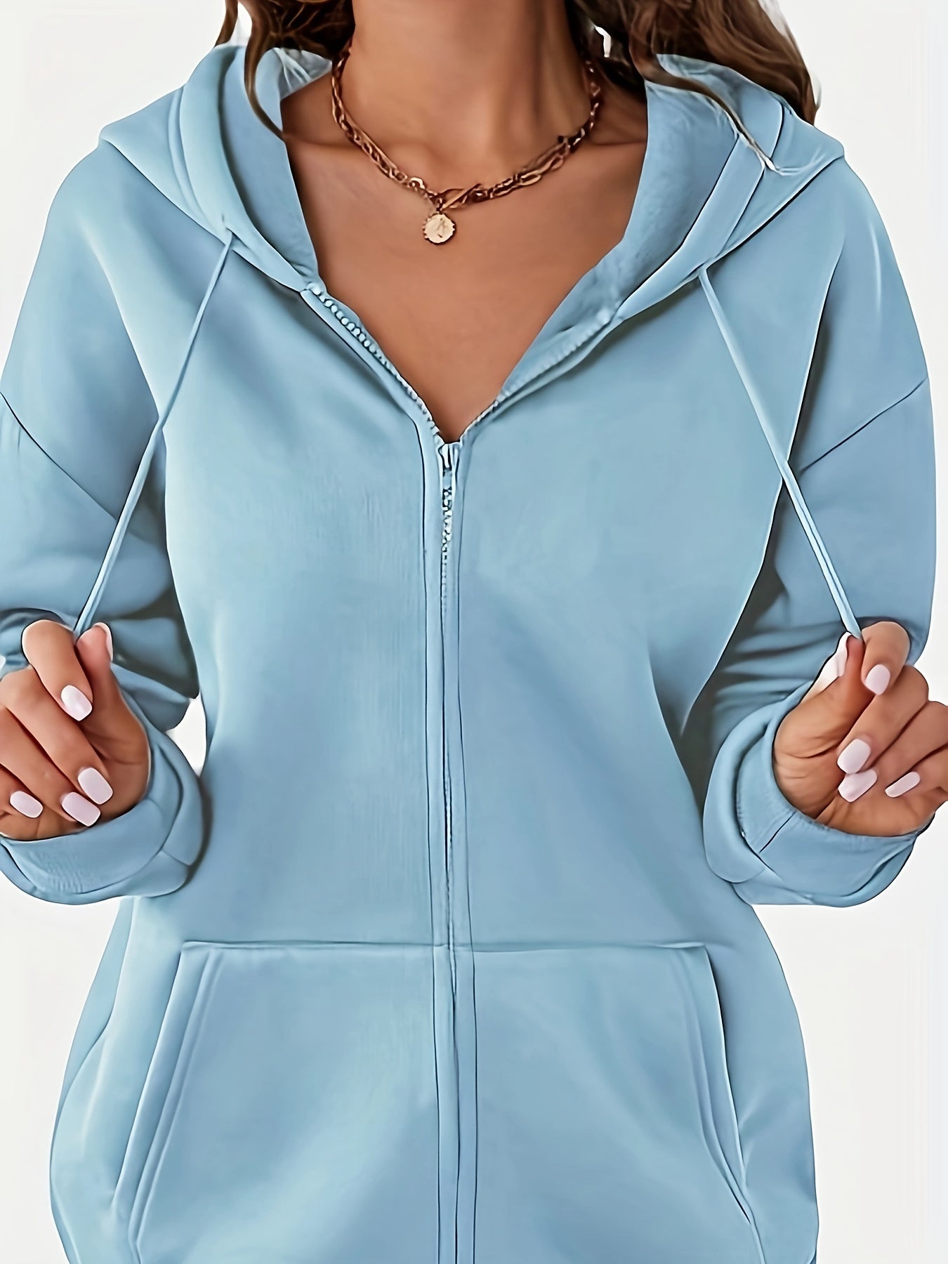 Women's Hooded Polyester Sweatshirt with Zipper and Solid Color Design