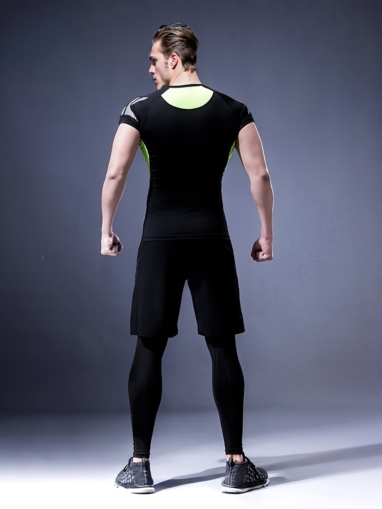 Men's Athletic Set Quick-Dry Stretch Compression Gear Long Sleeve Top Shorts Jacket Leggings Black Green