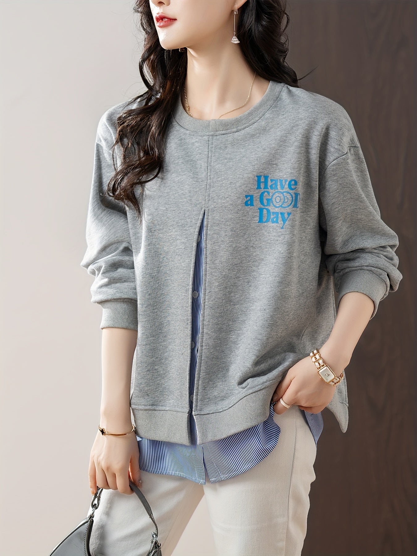 Cardigan de mujer talla grande gris de imitación de dos piezas con manga larga y botones