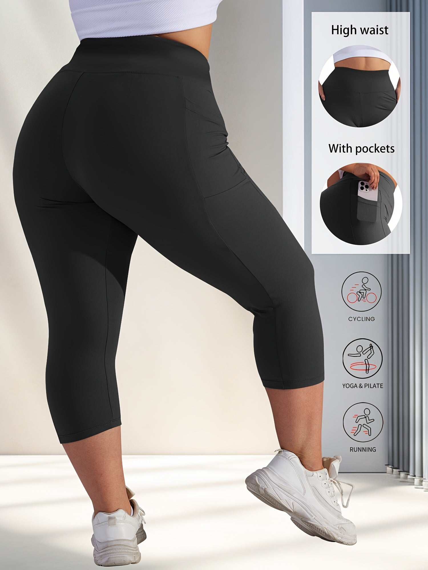 Ayollar uchun kattaroq o'lchamdagi yuqori belli Capri legginslar, cho'ntaklar bilan, polyester aralashmasi, qorong'i ko'k