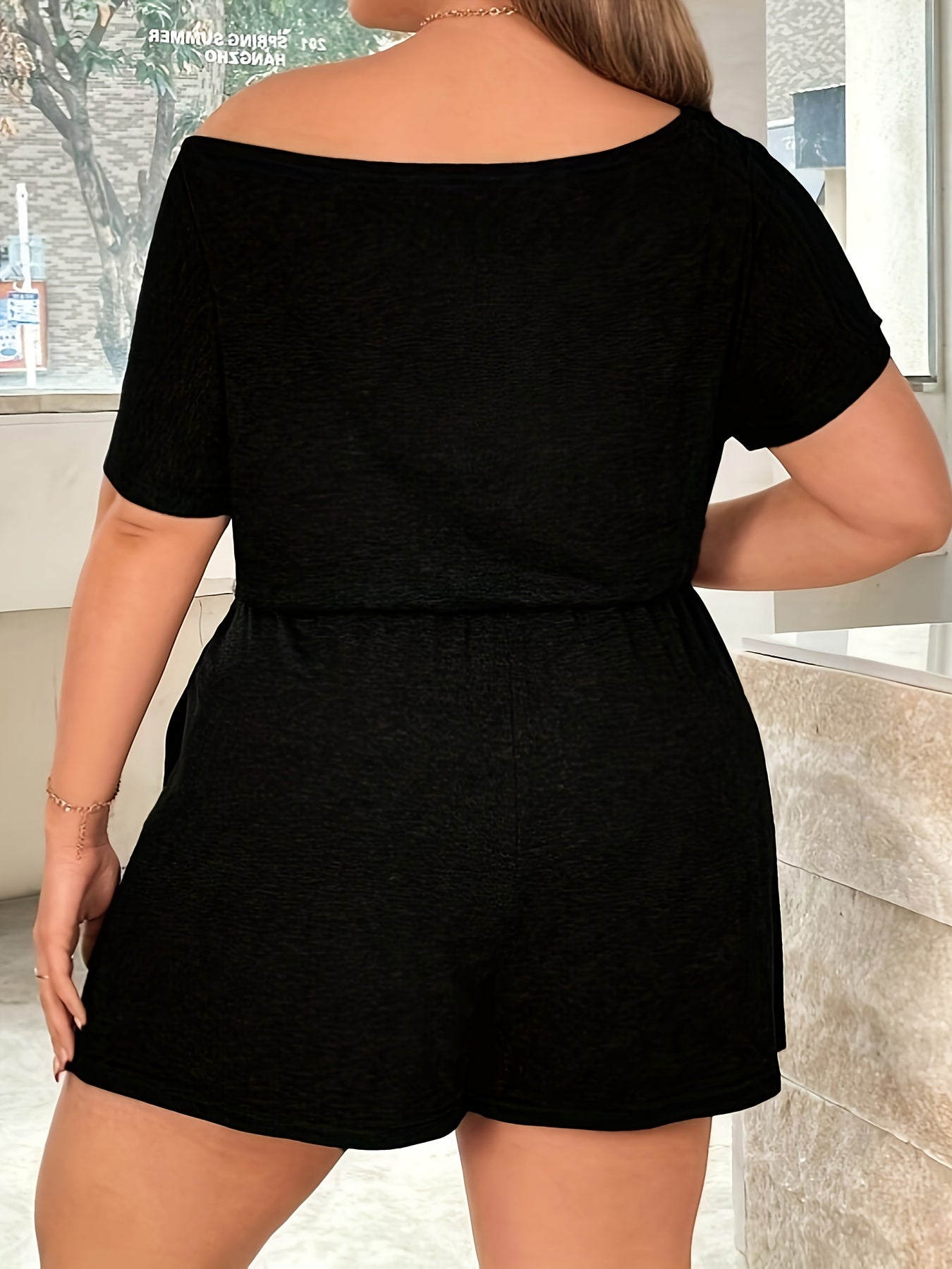 Plus Size Women's Black Off-Shoulder Short Sleeve Jumpsuit Casual Summer Romper