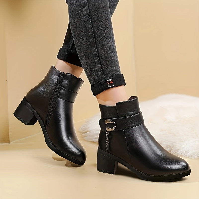 Women's Fleece-Lined Winter Boots Mid-Heel Warm Short Booties Wide Fit